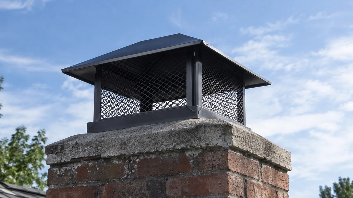 Black chimney cap with mesh spark screen mounted on a brick chimney crown