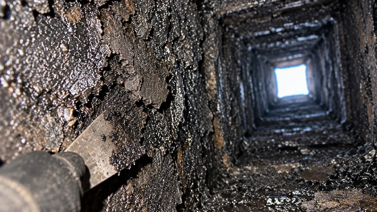 Thick glazed creosote coating the inside of a flue, with daylight at the top