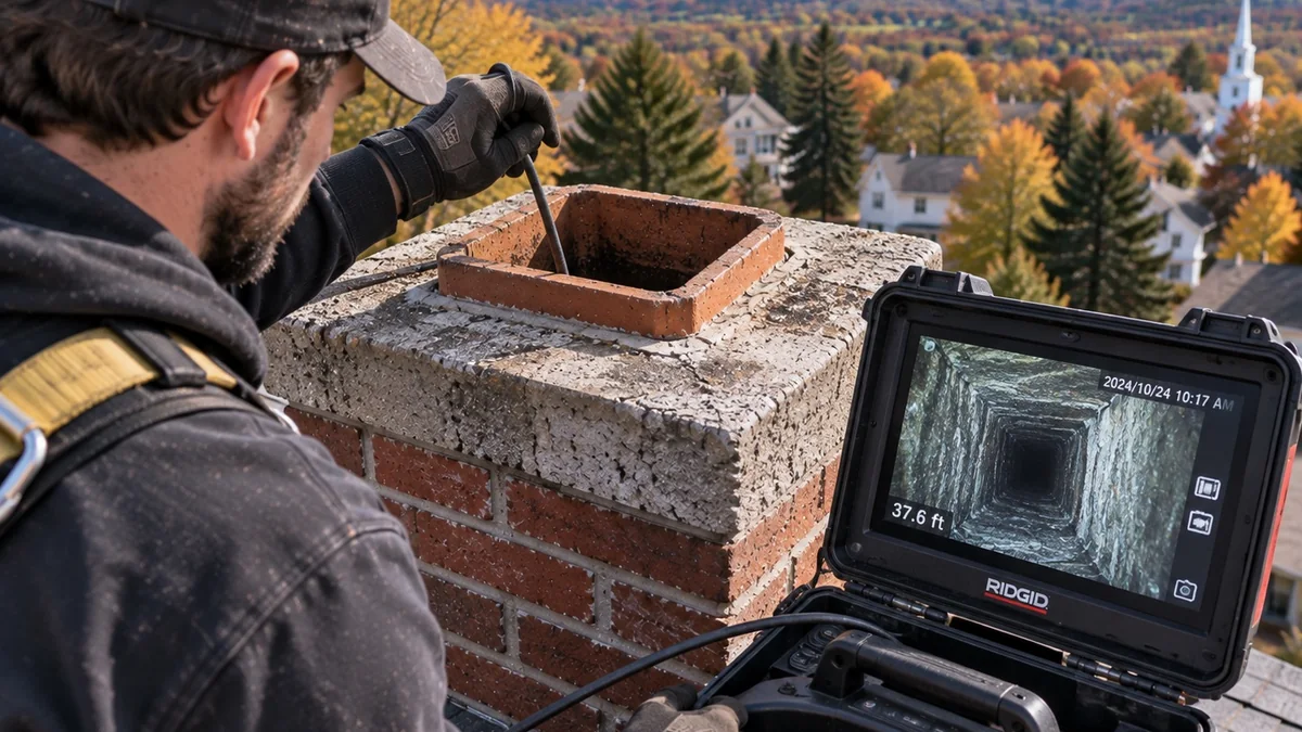 Technician at the crown feeding a camera into the flue, monitor showing the liner