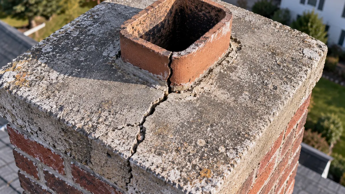 Cracked concrete chimney crown with a split running from the flue tile to the edge