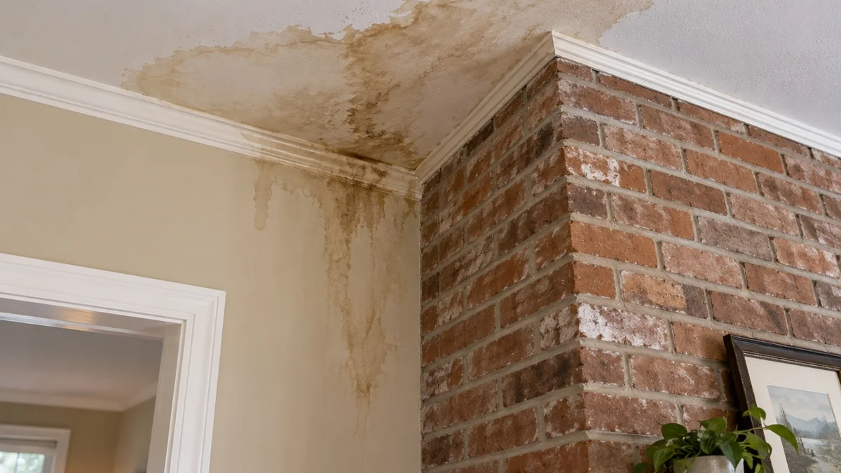 Brown water staining spreading across a ceiling beside an interior brick chimney