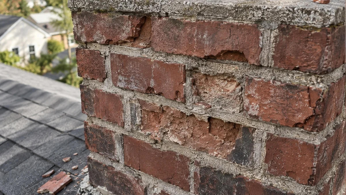 Spalling brick faces on a chimney with fragments scattered on the roof below
