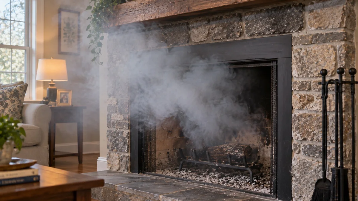 Smoke rolling out of a stone fireplace opening into a living room