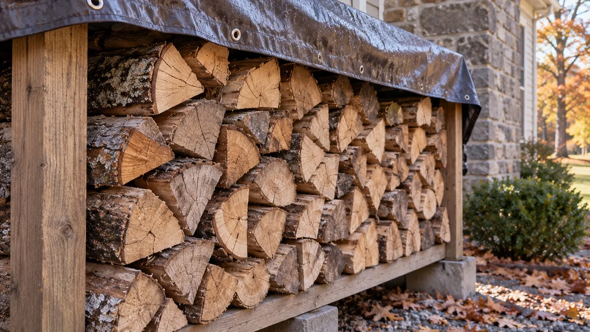 Split firewood stacked under a tarp-covered rack beside a house in autumn