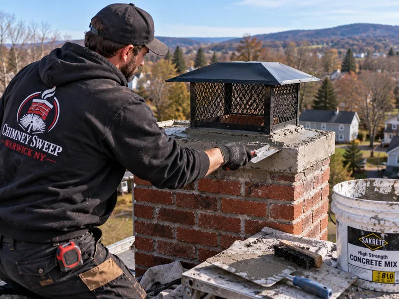 Technician troweling a fresh chimney crown around a newly fitted cap