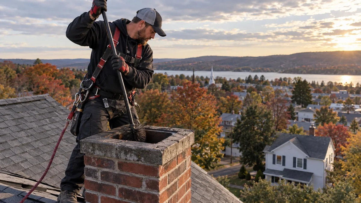 Chimney sweep brushing a flue from the roof of a home above Warwick village at sunset