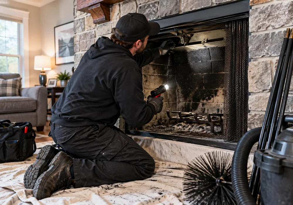 Technician kneeling at an open firebox with a work light, sweeping rods and vacuum alongside