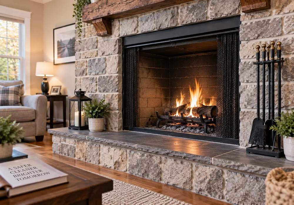 Wood fire burning in a clean stone fireplace with the hearth swept and tidy