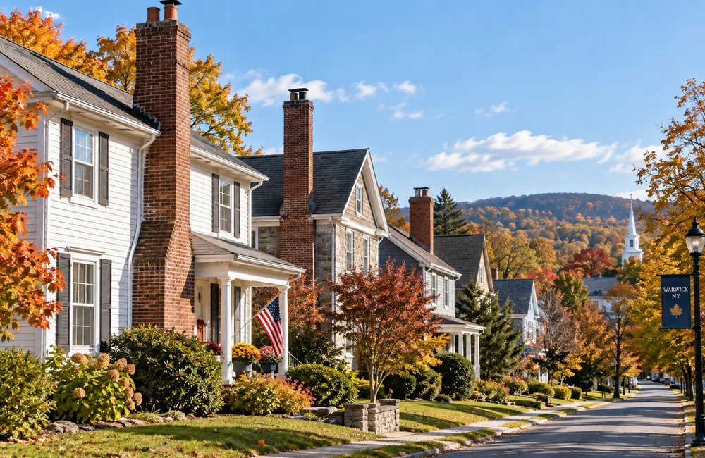 Street of white clapboard and stone homes with brick chimneys in Warwick in autumn